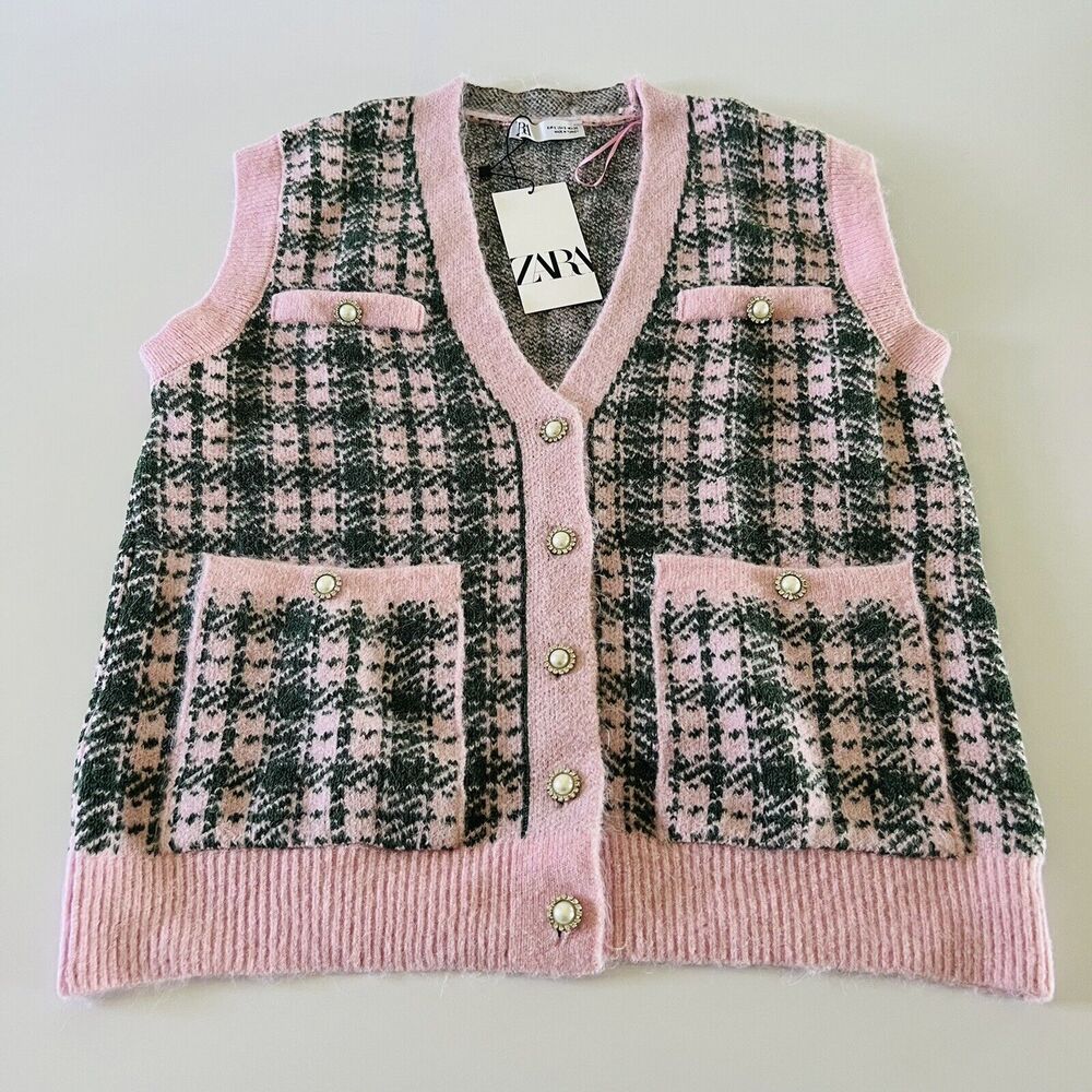 ZARA Pink Green Plaid Knit Vest - S